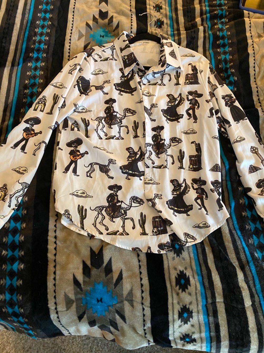 White Western Skeleton Print Button-Up Shirt